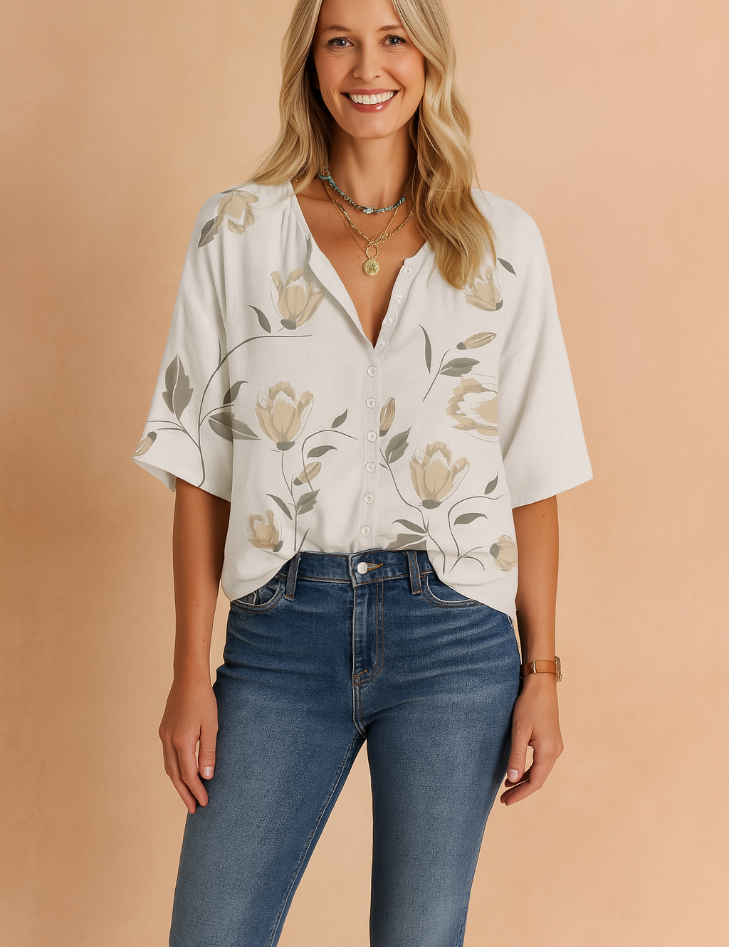 Witte blouse met korte mouwen en beige tulpenprint, knoopsluiting aan de voorkant en een ontspannen pasvorm.