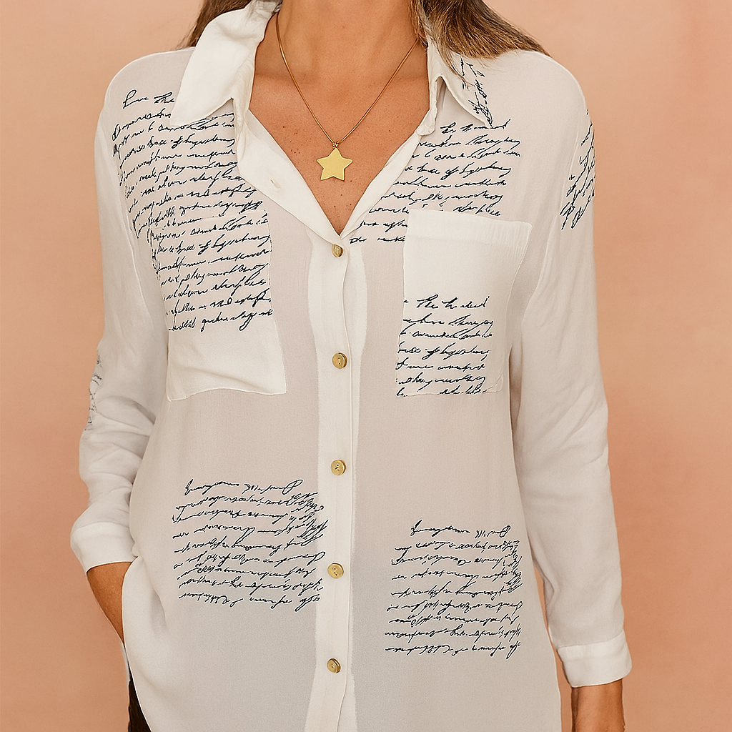 Witte doorknoopblouse met donkerblauwe handgeschreven tekstprint en borstzakje.