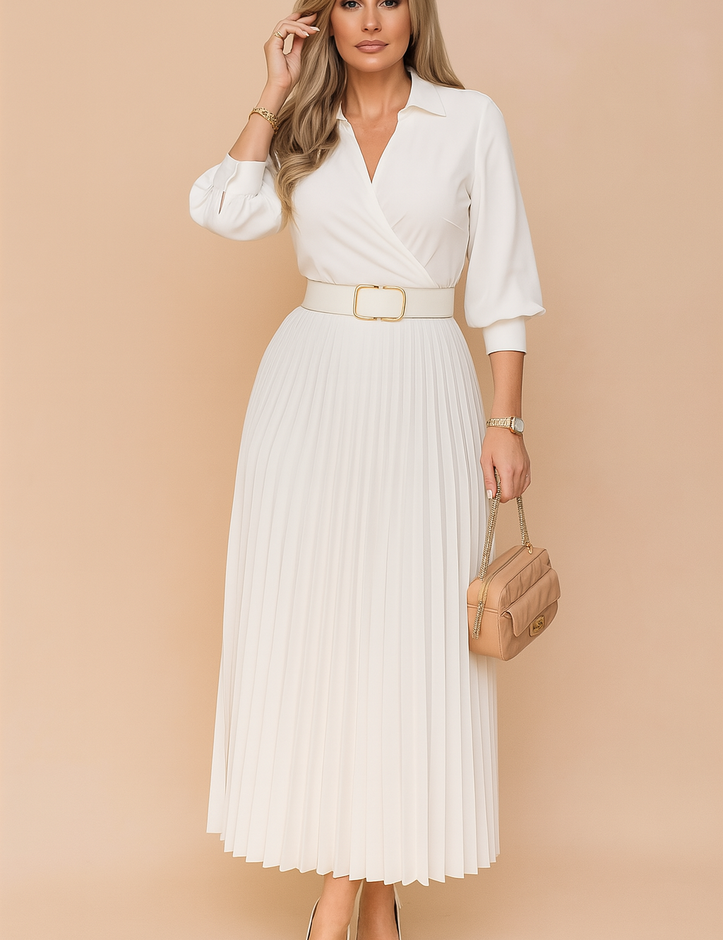 Witte geplooide midi-jurk met V-hals, lange mouwen en riemdetail, geschikt voor formele events of elegante dagelijkse looks.