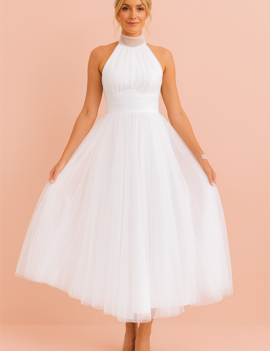 Witte halterjurk met wijde tule rok, chique midi bruidsjurk met hoge halslijn en elegante uitstraling.