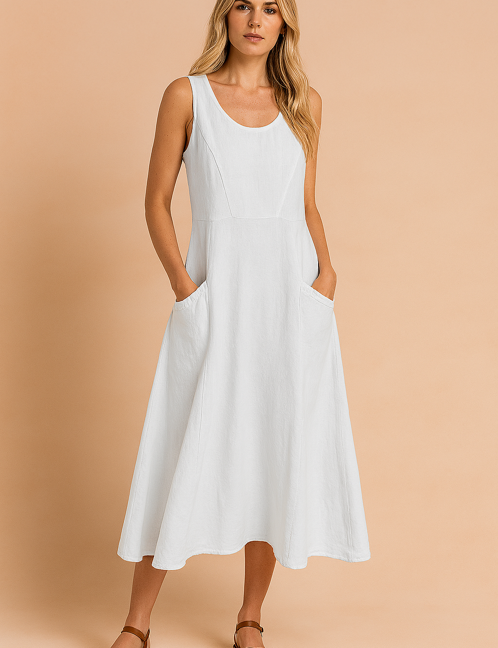 Witte linnen midi jurk met ronde hals en praktische zakken voor de zomer