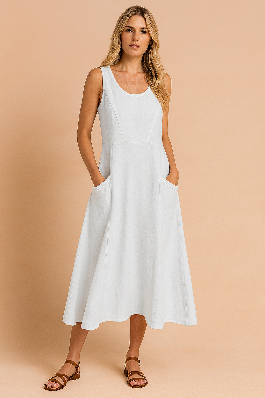 Witte linnen midi jurk met ronde hals en praktische zakken voor de zomer