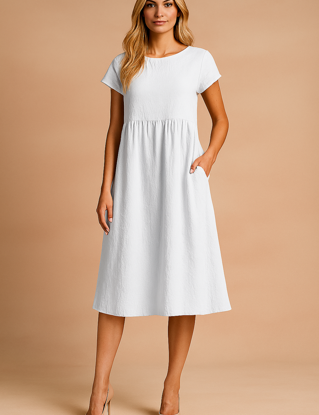 Witte midi zomerjurk met korte mouwen en ronde halslijn, perfect voor casual dagen.