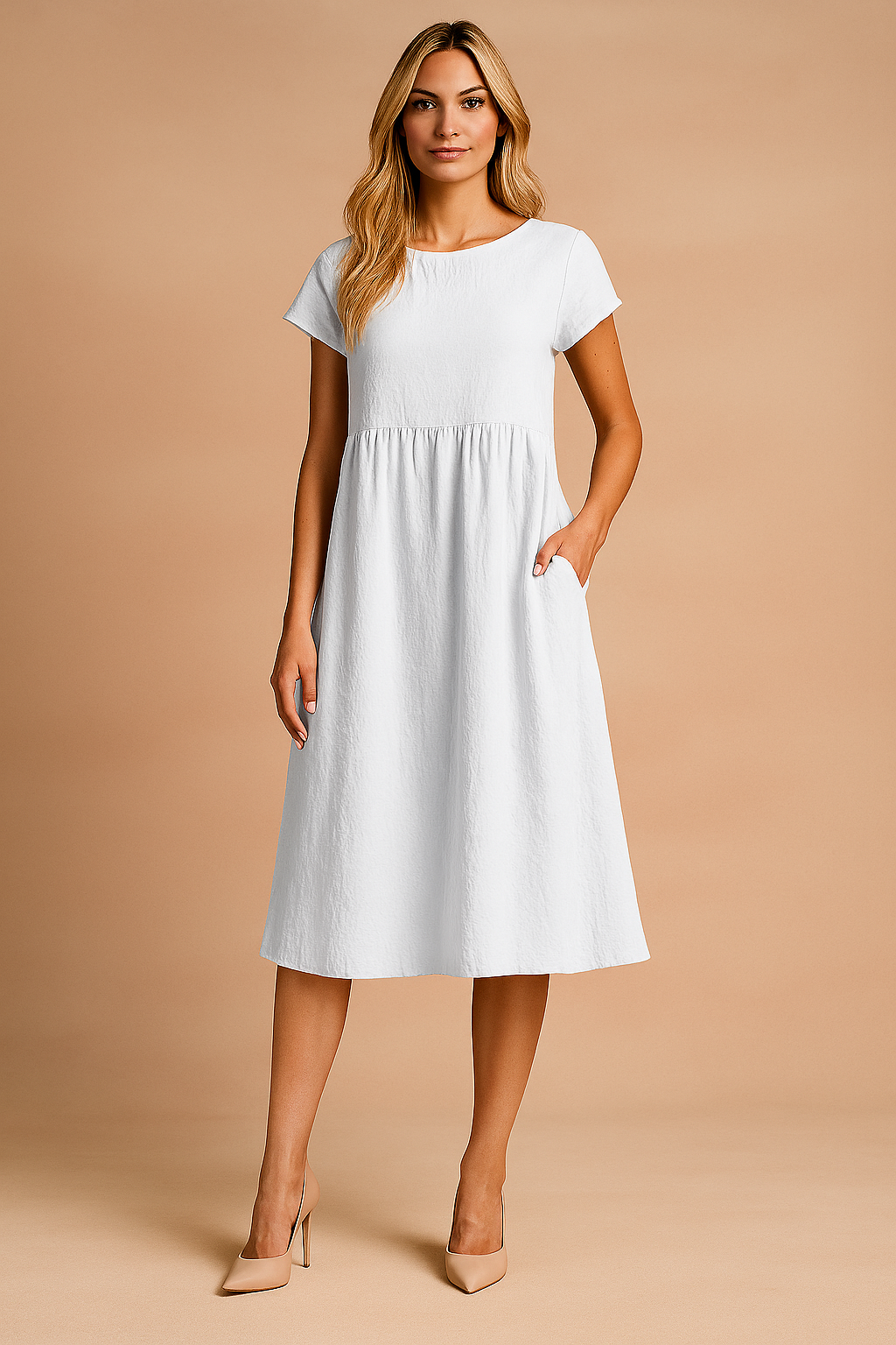 Witte midi zomerjurk met korte mouwen en ronde halslijn, perfect voor casual dagen.