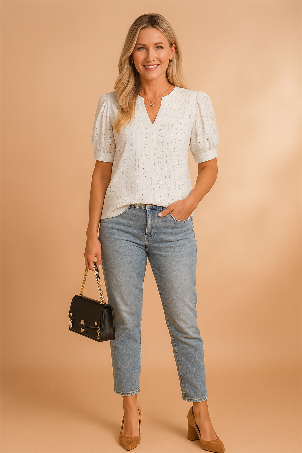 Witte blouse met korte pofmouwen, ajourborduursel en V-hals, gemaakt van licht katoen.