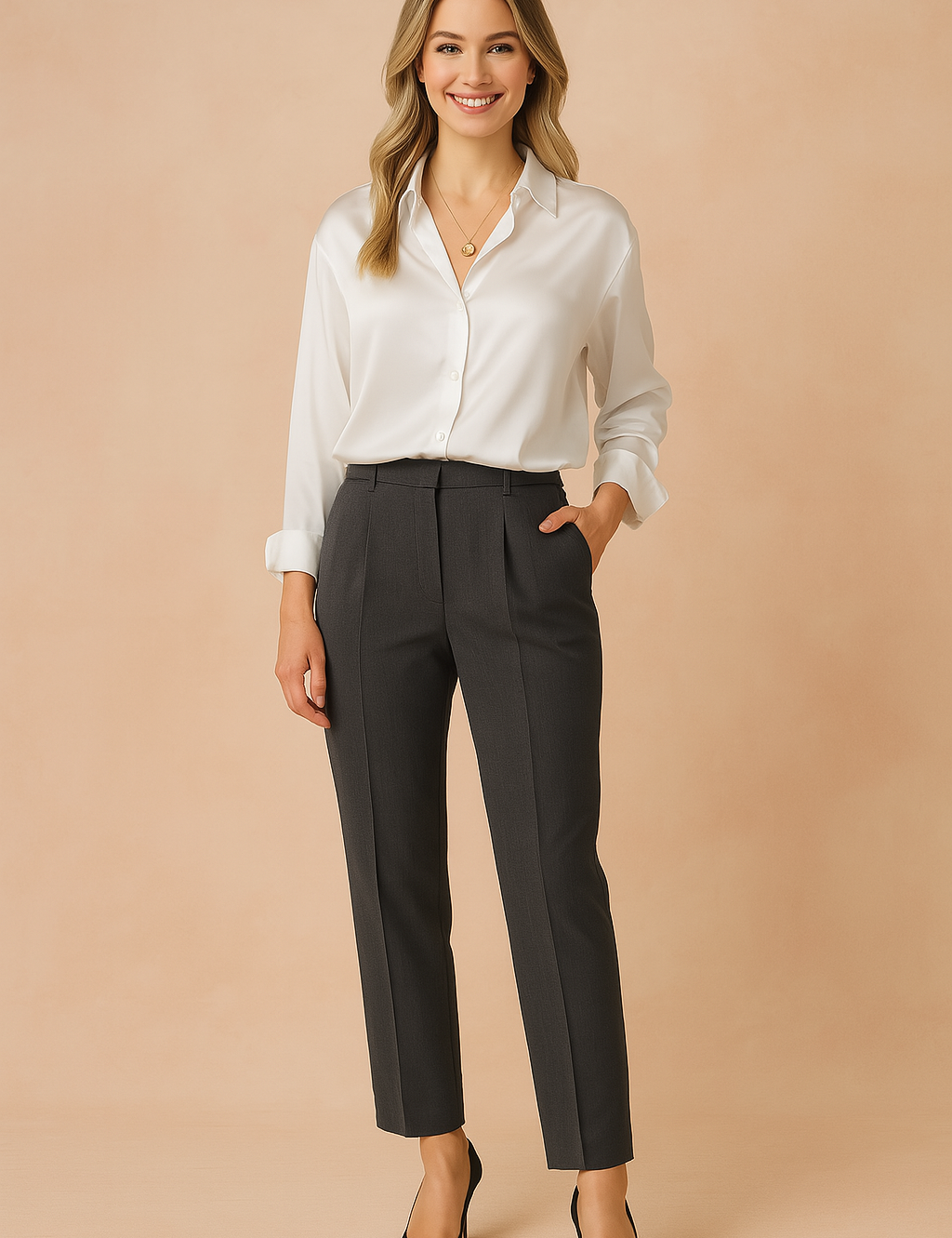 Witte satijnen blouse met lange mouwen en knoopsluiting, netjes ingestopt voor een professionele en verfijnde look.