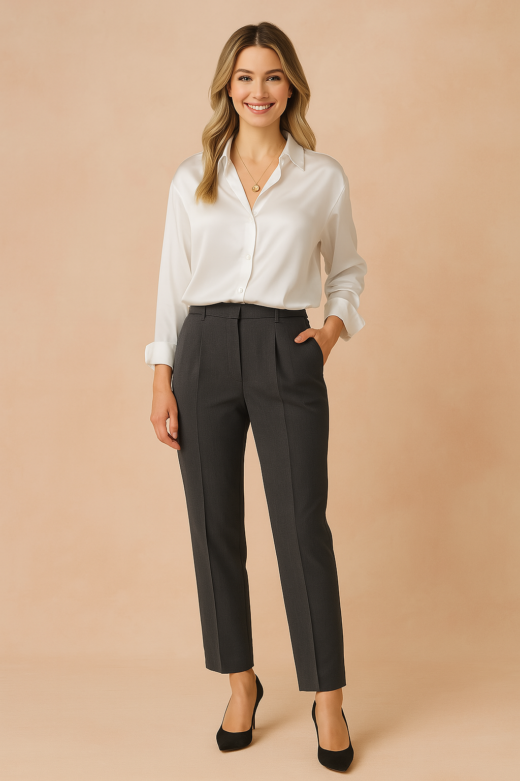 Witte satijnen blouse met lange mouwen en knoopsluiting, netjes ingestopt voor een professionele en verfijnde look.