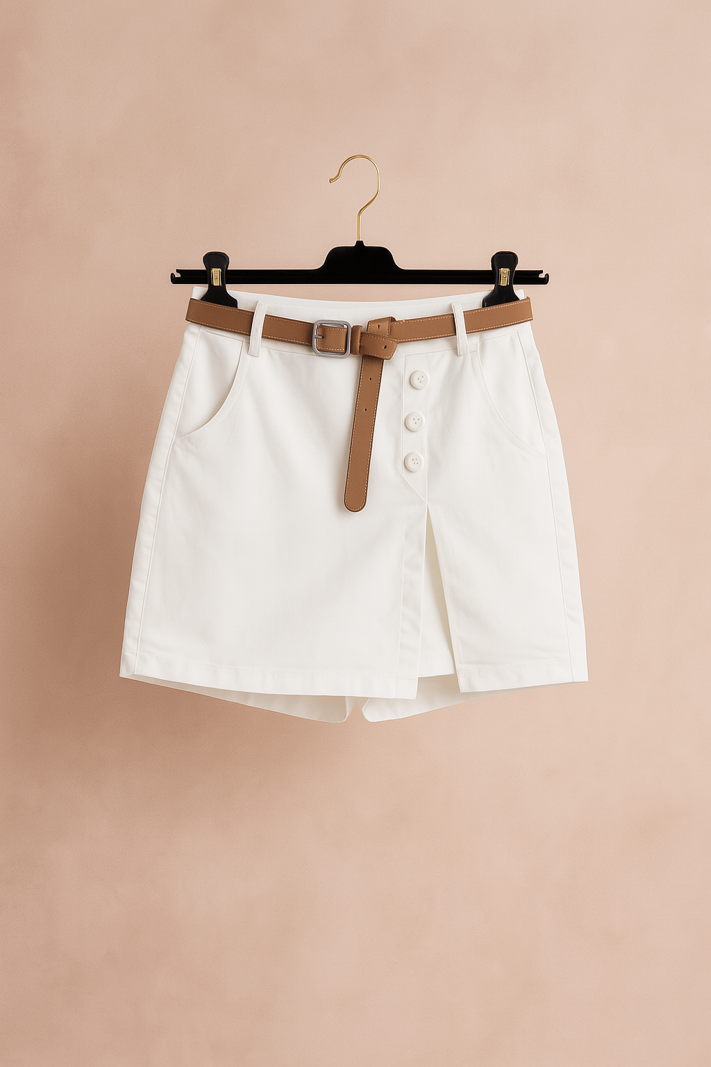 Witte skort met hoge taille, decoratieve knopen en een bruine riem, gestyled met een taupekleurige top en hakken — fris, elegant en modern.