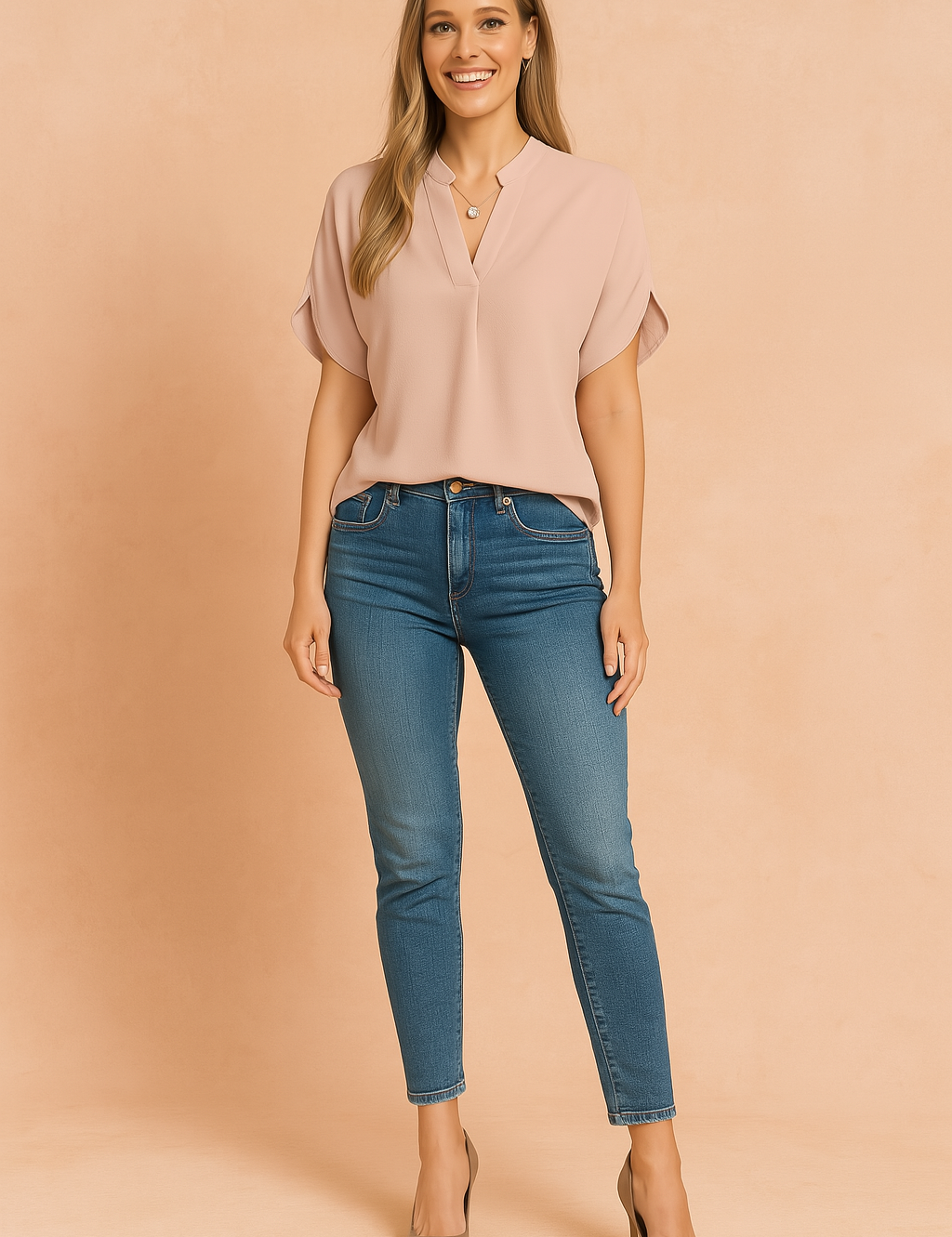  Zachtroze blouse met moderne V-hals en korte mouwen met ronde belijning. De stof is licht en valt soepel voor een vrouwelijke uitstraling.