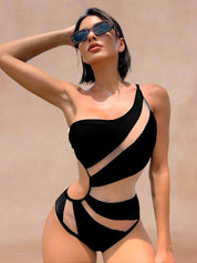 Zwart asymmetrisch één-schouder badpak met transparante mesh cut-outs en hoge taille