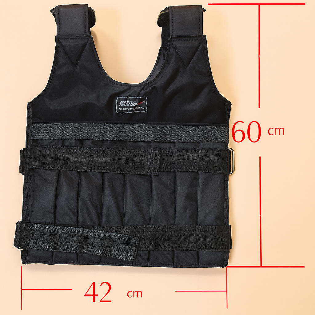 Zwart verstelbaar trainingsgewichtsvest van 60 bij 42 cm met stevige schouderbanden en klittenbandsluiting.