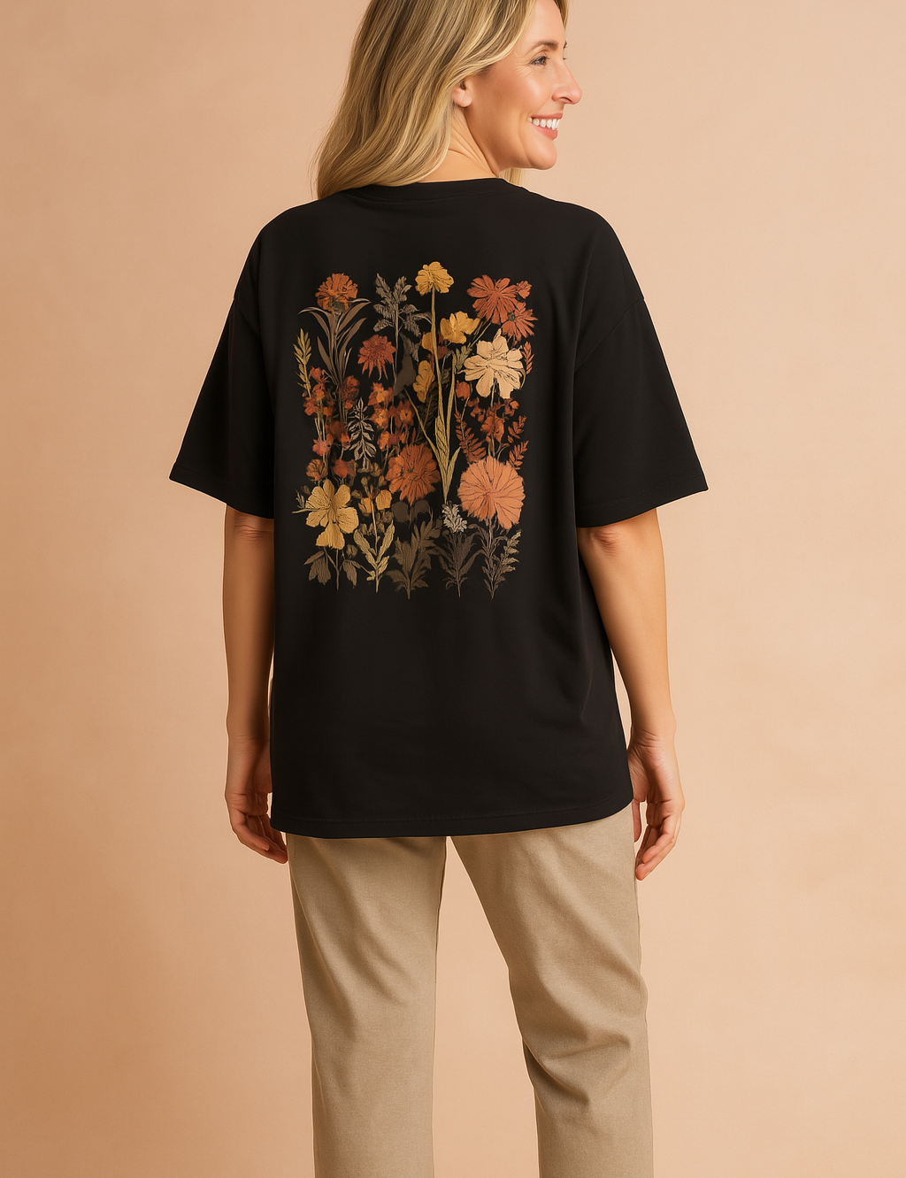 Zwart dames T-shirt met ronde hals en korte mouwen, uitgevoerd in een losse pasvorm. Op de linkerborst bevindt zich een decoratief bloemenmotief in geborduurde stijl, met warme herfsttinten die contrasteren tegen de effen achtergrond. Gemaakt van zachte katoenen jersey, perfect voor casual dagelijks gebruik.