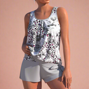 Zwart-witte dames pyjamaset met rozen en luipaardprint, inclusief mouwloos topje en grijze shorts.