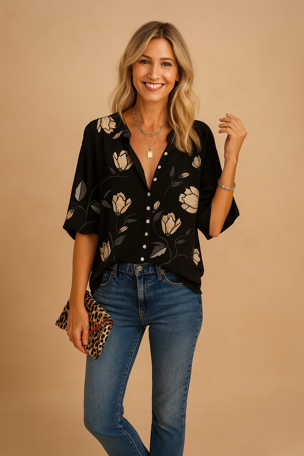 Zwarte damesblouse met bloemenprint, knoopsluiting en ellebooglange mouwen, perfect voor een stijlvolle casual look.