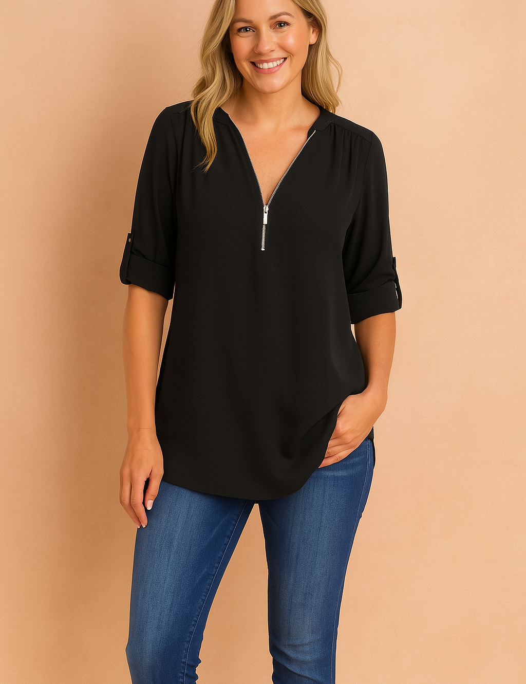 Effen zwarte damesblouse in soepele stof met V-hals en metalen halve rits aan de voorkant. De mouwen zijn nonchalant opgerold en vastgezet met een knoopsluiting.