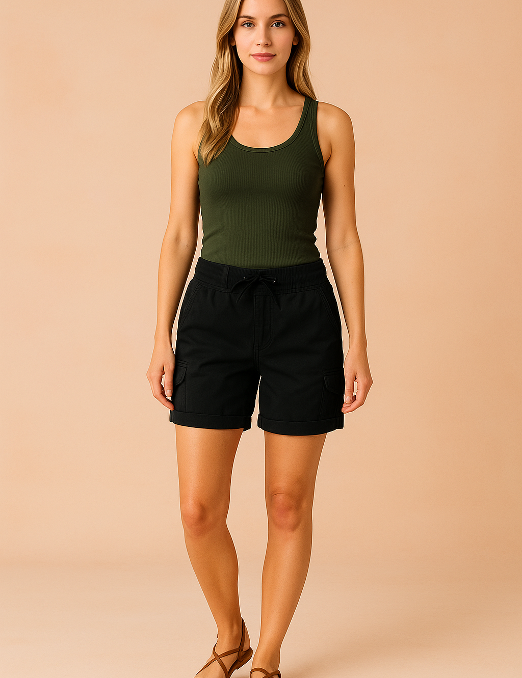 Veelzijdige zwarte cargoshorts met trekkoord in de taille, zijflapzakken en omgeslagen zoom—ideaal voor casual uitstapjes en dagelijks comfort.