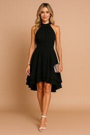 Mouwloze zwarte cocktailjurk met hoge hals, getailleerd lijfje en gelaagde asymmetrische rok