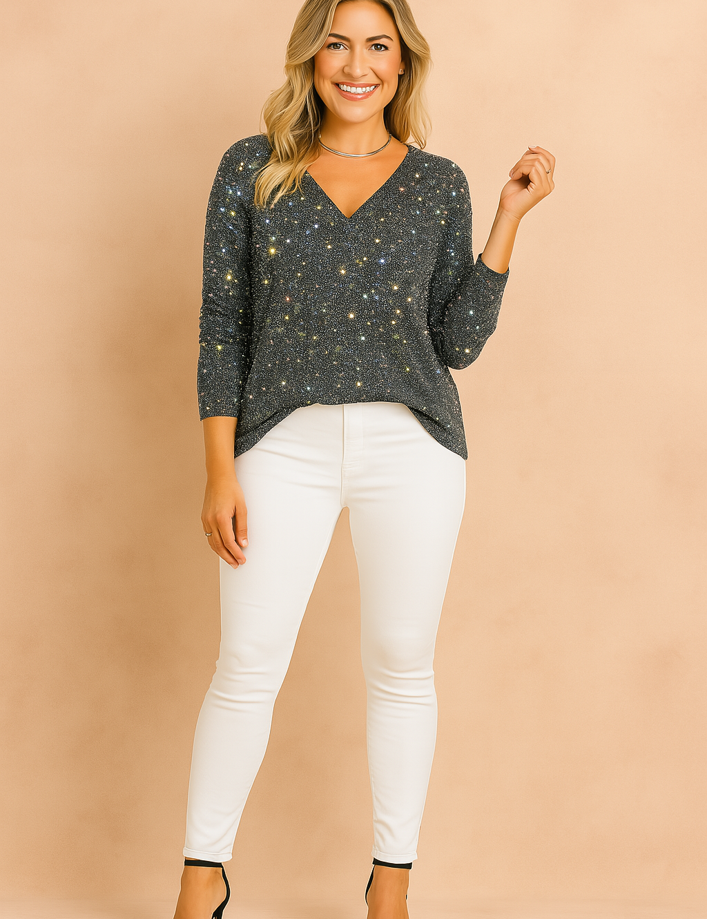 Chique V-hals trui in diepzwart met glinsterend lurexgaren over het hele oppervlak. Fijn gebreide afwerking met licht getailleerde pasvorm voor een elegante feestoutfit.