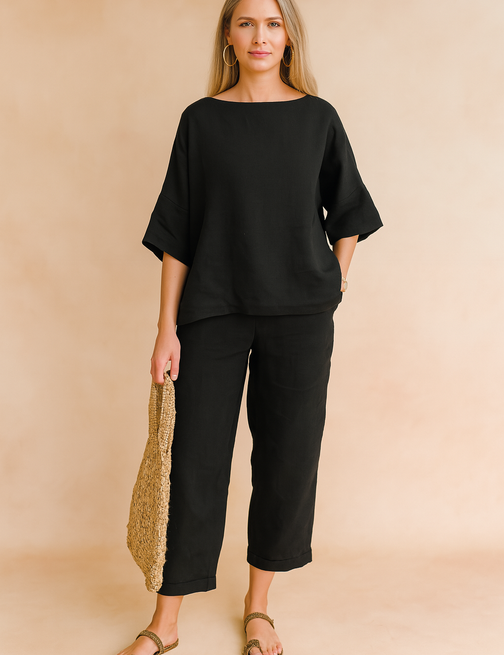 Zwarte linnen blouse met minimalistisch design en oversized pasvorm, luchtige basic voor elke garderobe