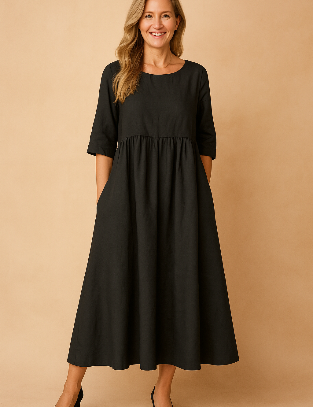 Zwarte midi-jurk in effen linnenlook met halflange mouwen en elegante A-lijn snit.