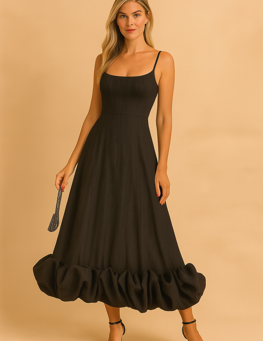 Zwarte midi-jurk met spaghetti bandjes, getailleerd silhouet en opvallende ballonzoom aan de onderkant.