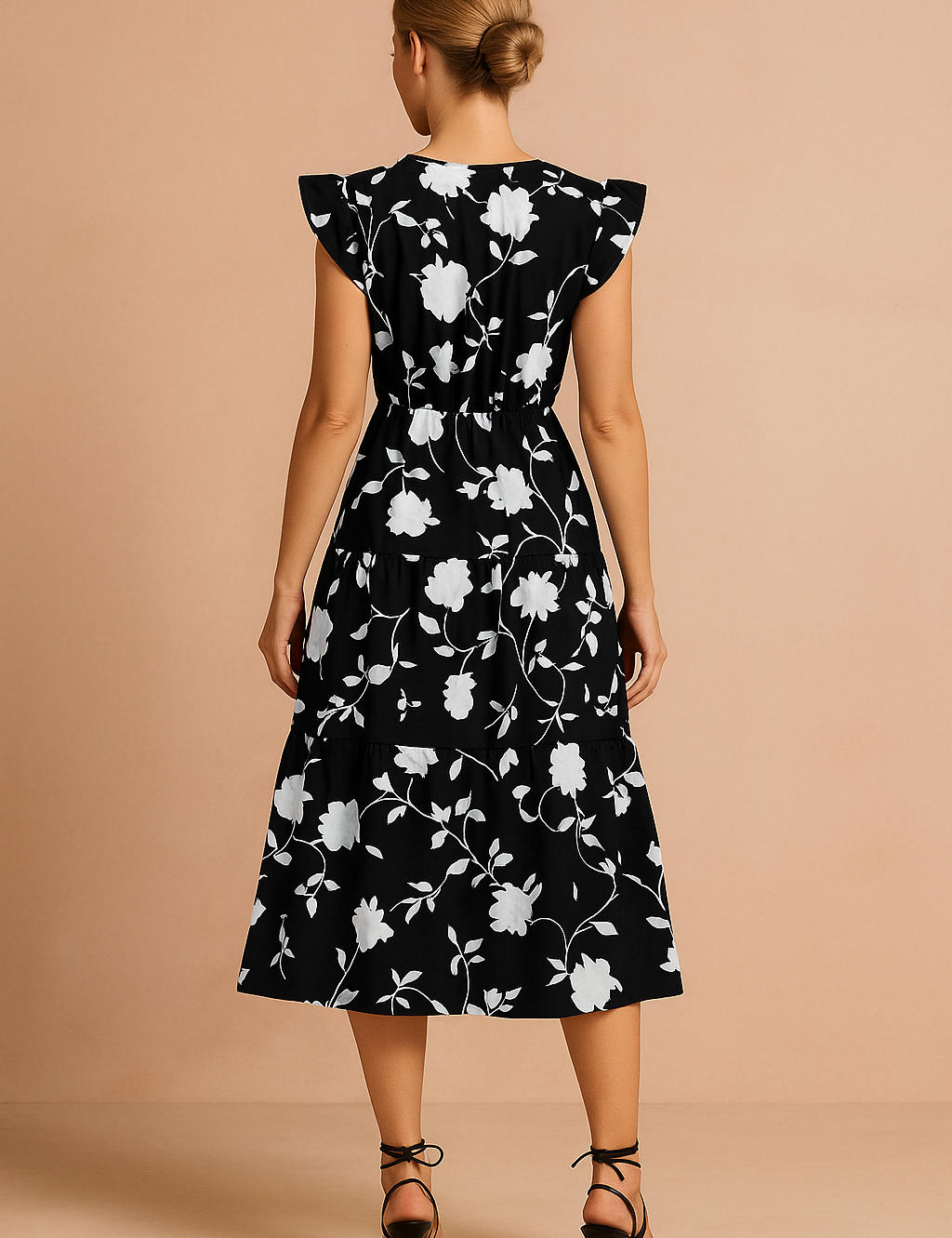 Zwarte midi-jurk met witte bloemenprint, V-hals, ruches aan de schouders en geplooide rok met ceintuur in de taille.