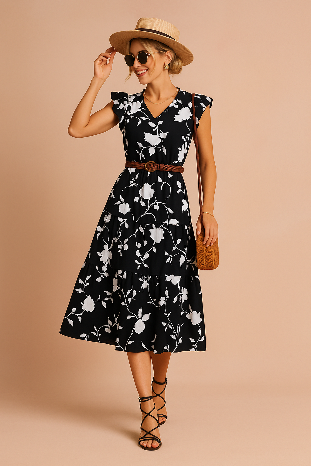 Zwarte midi-jurk met witte bloemenprint, V-hals, ruches aan de schouders en geplooide rok met ceintuur in de taille.