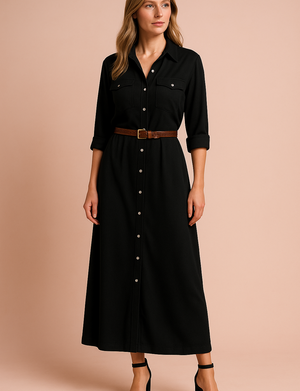 Zwarte overhemdjurk met opgerolde mouwen en een bruine riem voor een elegante en tijdloze look.
