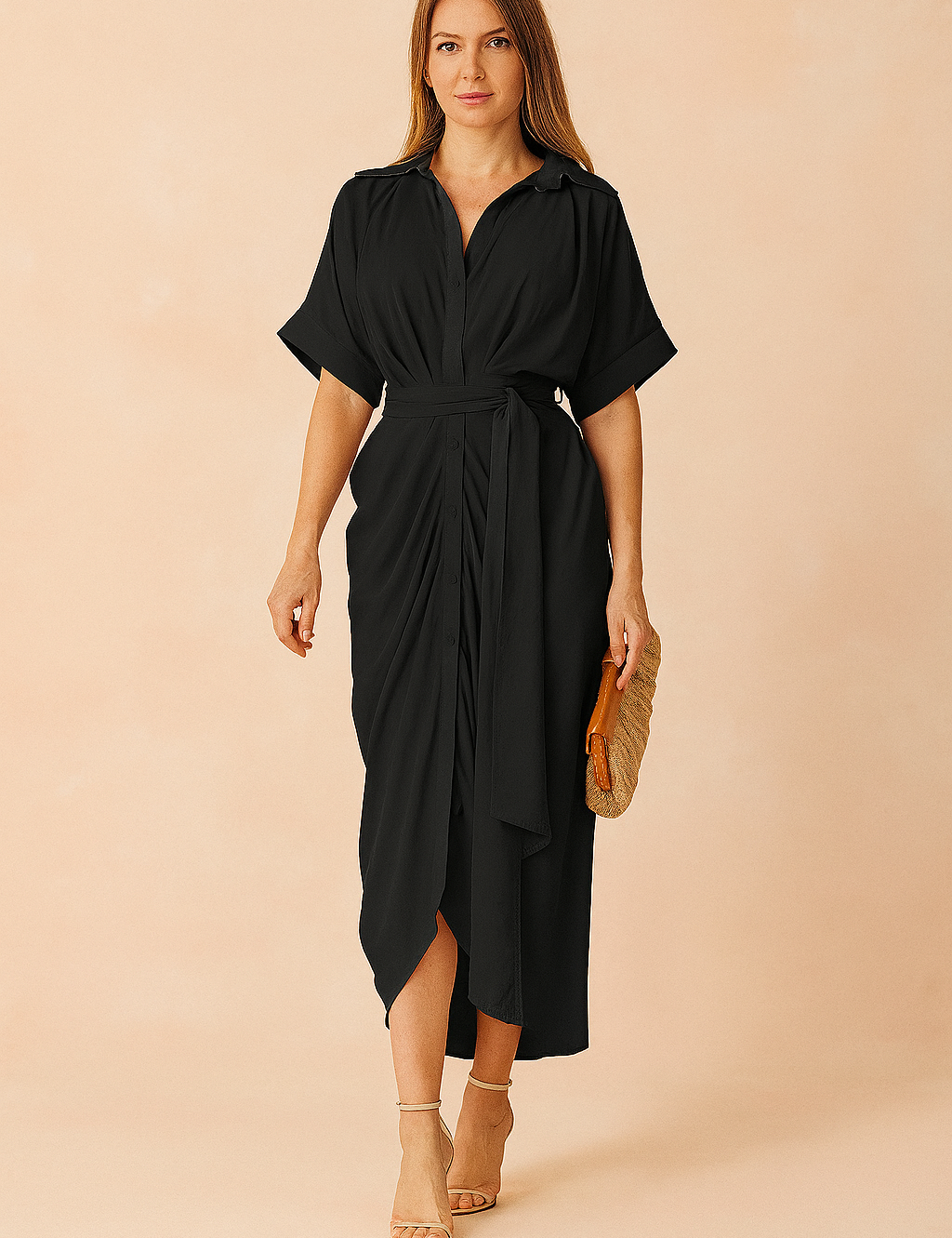 Zwarte overhemdjurk met midi-lengte, ceintuur en korte mouwen voor een tijdloze look