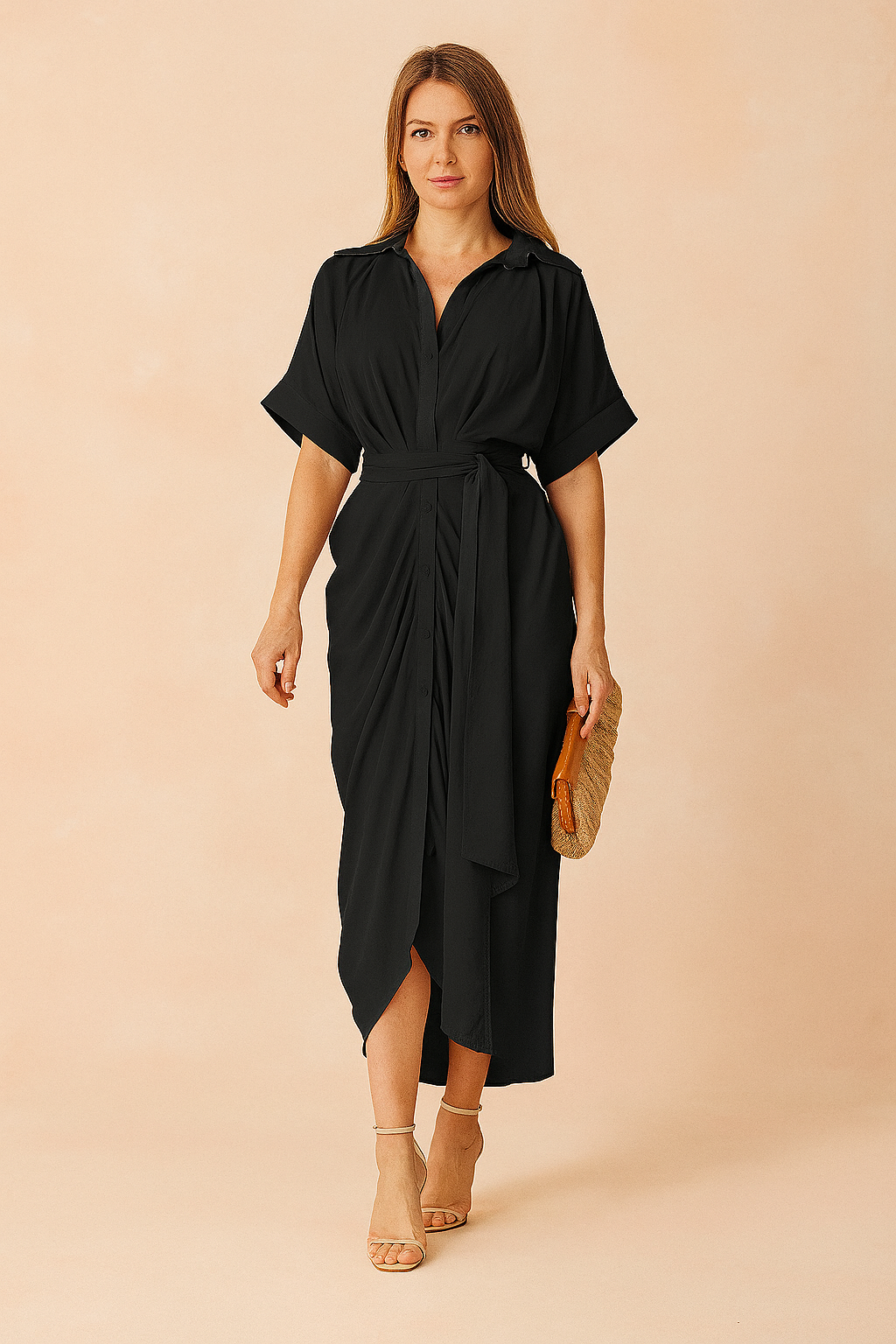 Zwarte overhemdjurk met midi-lengte, ceintuur en korte mouwen voor een tijdloze look