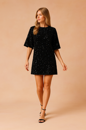 Zwarte mini-jurk met pailletten, rechte pasvorm en korte mouwen, perfect voor feestgelegenheden.