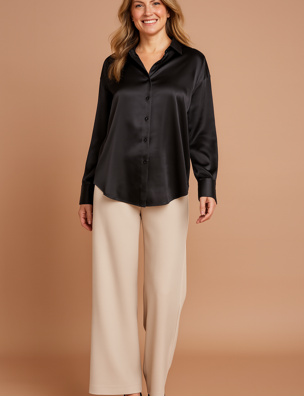 Zwarte satijnen blouse met lange mouwen, doorknoopsluiting en klassieke kraag, ontworpen voor een tijdloze en stijlvolle uitstraling.
