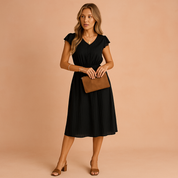 Zwarte midi jurk met V-hals, knoopsluiting en korte mouwen, ideaal voor dagelijkse of avondlooks.